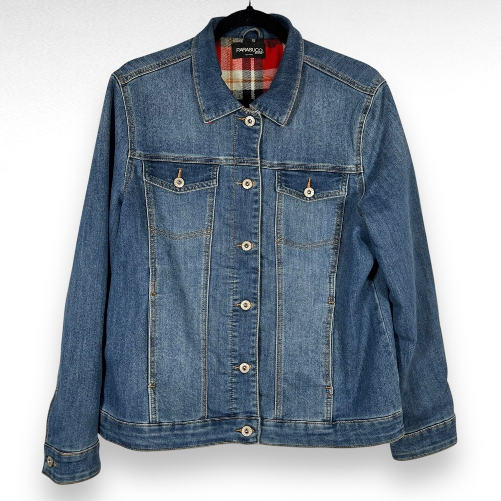 Classic Denim Jacket with Plaid Accents - Picture 5 of 9